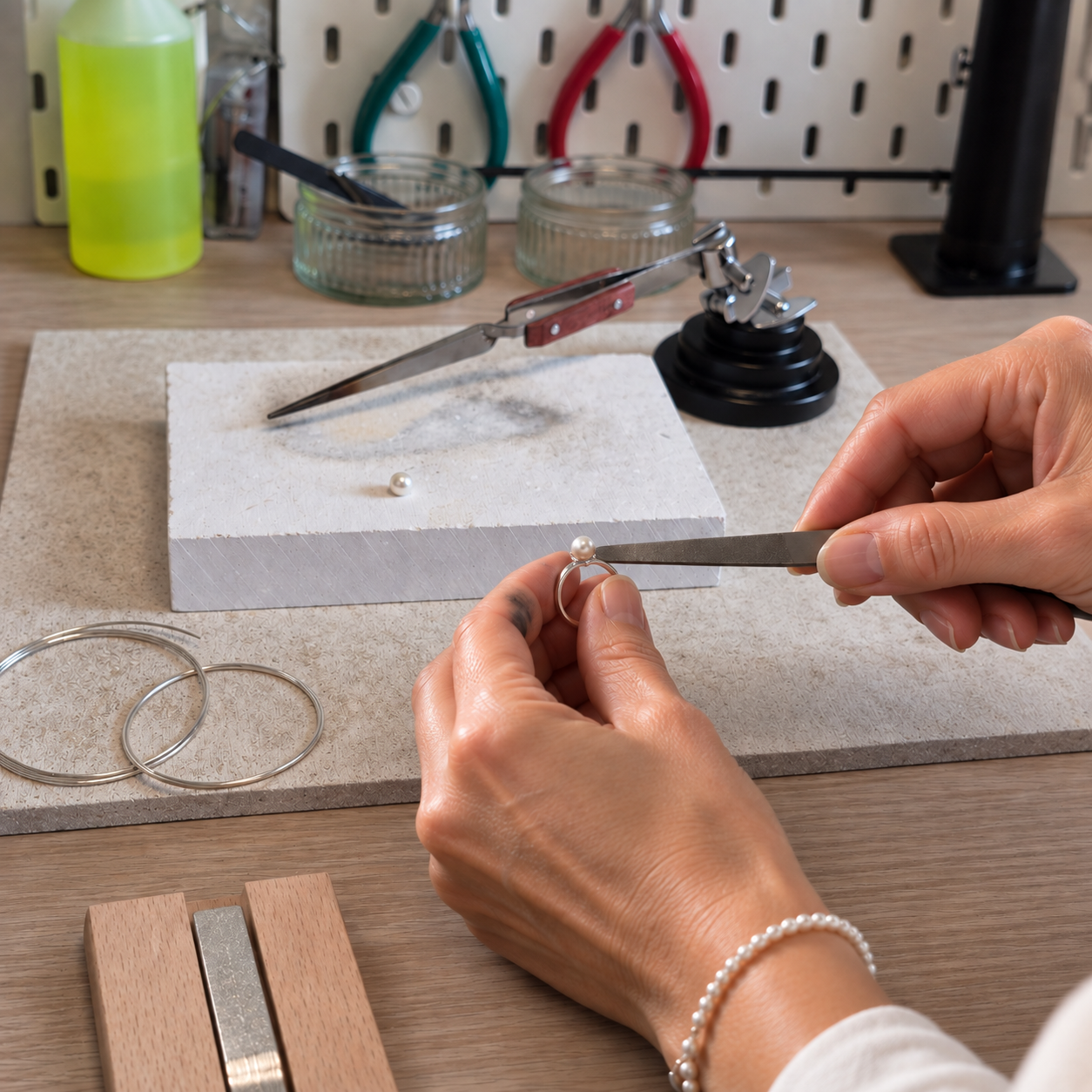 A close-up of hands working on a silver ring with a pearl, using a pair of tweezers. The workspace includes tools, a workstation with a textured surface, and jars in the background.